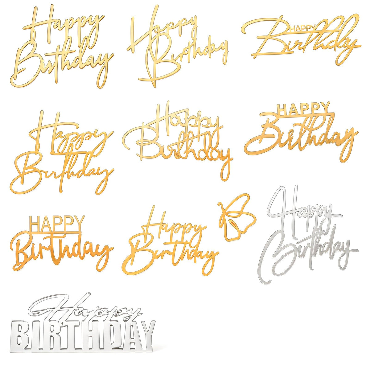 10 Pack Gold Acrylic Happy Birthday Cake Topper For A Party