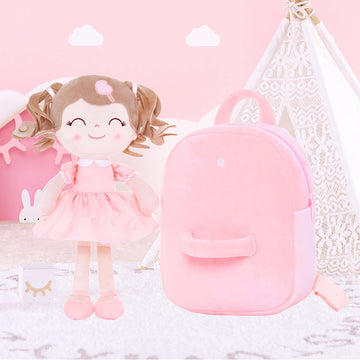 Gloveleya Toddler Backpack Baby Girl Gift Plush Bag Diaper Bag With Spring Girl Doll Curly Hair Girl Toys With Love Pink 9 Inches