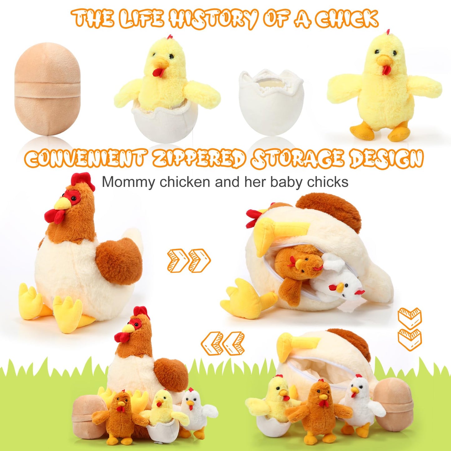 Skylety Chicken Stuffed Animal Plush Chicken Toys Egg Laying Hen With Zippered Belly, Hen House And Little Baby Chicks Stuffed Chicken For Easter Stuffers Party Supplies(Cute Style)