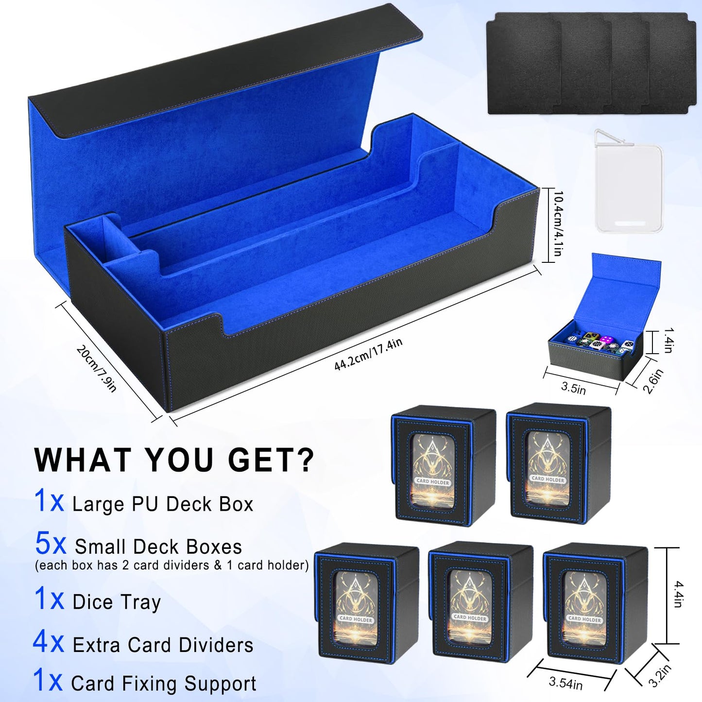 Jaffzora Card Deck Box for MTG Commander  Large 6 in 1 Card Storage Display Case with 5PCS TCG Deck Boxes & Dice Tray  Holds 2400+ Unsleeved Trading Cards (Black&Blue Set)