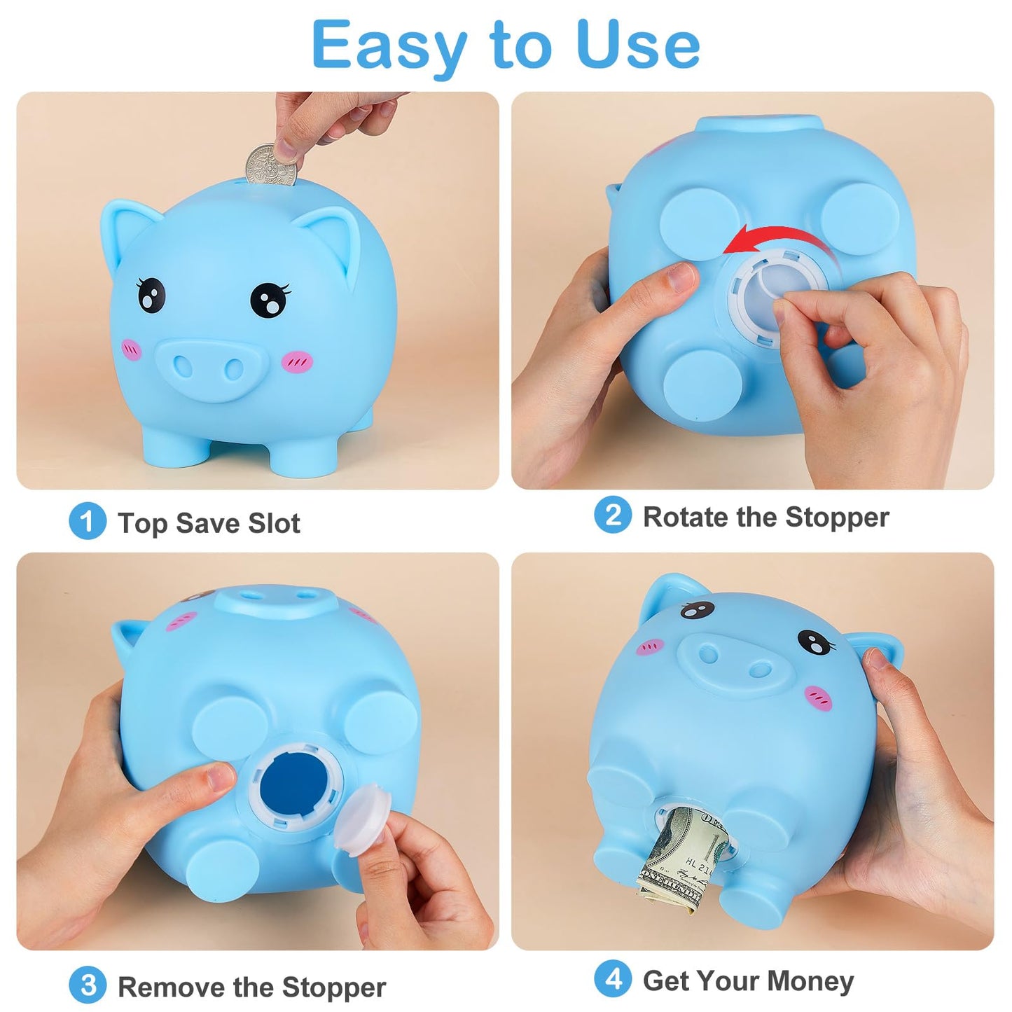 Piggy Bank Girls, Unbreakable Piggy Banks Large Money Coin Bank For Kids With Diy Stickers, For Birthday, Easter, Baby Shower, Blue