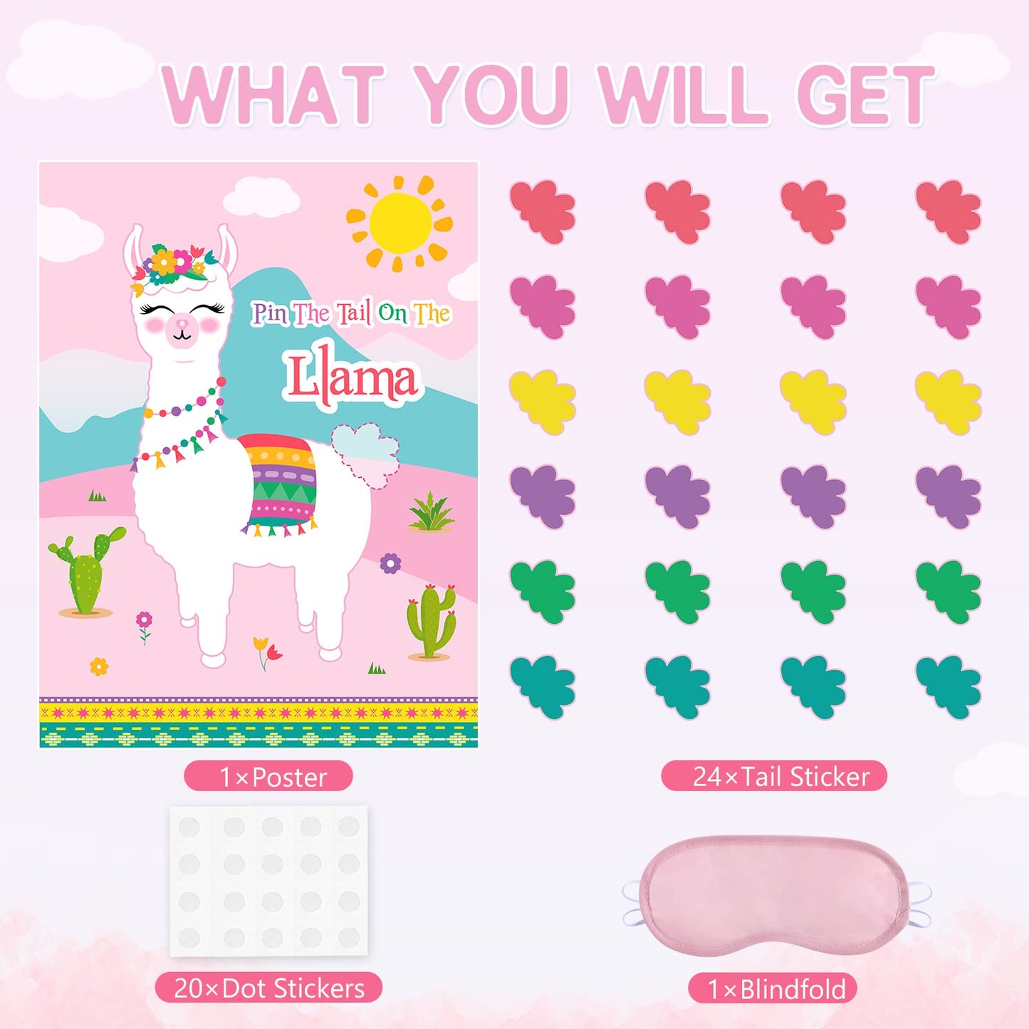 WERNNSAI Pin The Tail on The Llama Party Games - Llama Theme Birthday Supplies for Kids Girls 21 x 28 Poster 24 Pcs Tails Alpaca
