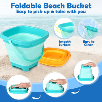 Dreamon Beach Toys for Kids 3-10, Collapsible Sand Toys Include 3 Pack Foldable Buckets with Mesh Bag, 24 PCS Beach Mold and Sho