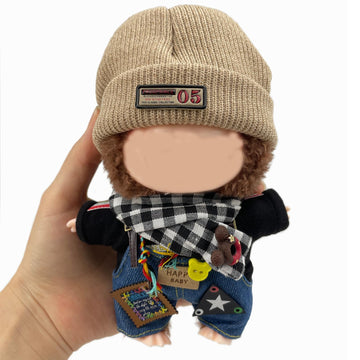 QIUTIMIY Clothes for Doll 17cm Doll Clothes 4-Piece-Set Doll Clothes enhanced Doll Outfit with Accessories-Knitted Hat+Overalls+Black Sweater+Scarf(NO Doll Included)
