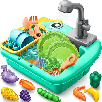 Geyiie Mini Toddler Sink Toy, Play Sink with Running Water, Automatic Water Cycle System and 13Pcs Rich Kitchen Accessories, Kid