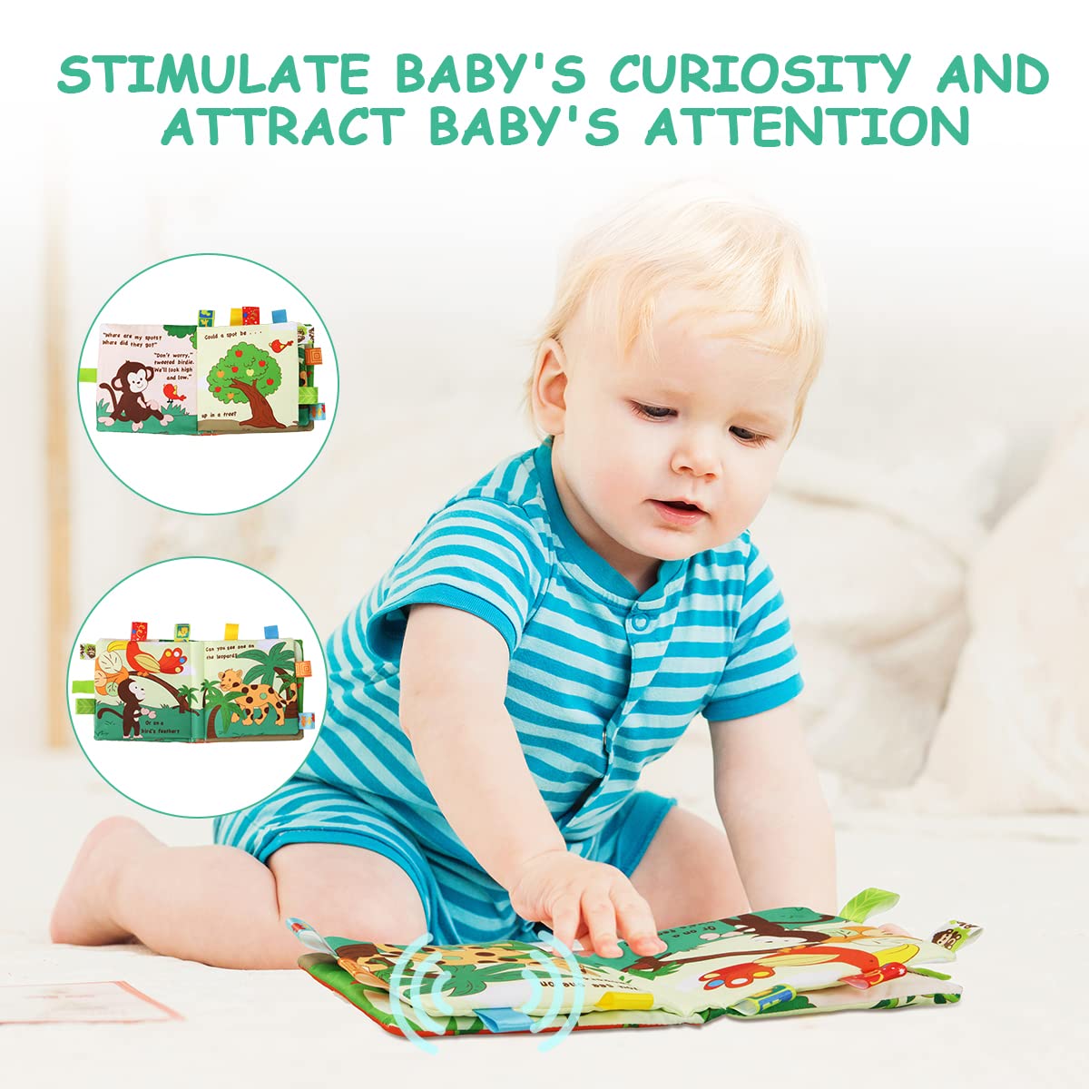 Vicloon Soft Baby Books Toys, Baby Soft Book With Animals And Label, Cloth Book Has 3D Touch And Feel Crinkle, Baby Soft Cloth Book For 0-3 Year Old, Educational Learning Toy Baby Books(Monkey)