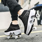 Double-Row Deform Wheel Automatic Walking Shoes Invisible Deformation Roller Skate 2 in 1 Removable Pulley Skates Skating Parkour (Black high  US 5)