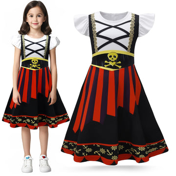 Mizzuco Girls Pirate Dress Toddler Buccaneer Costume Kids Dance Skirt Birthday Party Halloween Role Play Outfits(Black,140Cm/8-9
