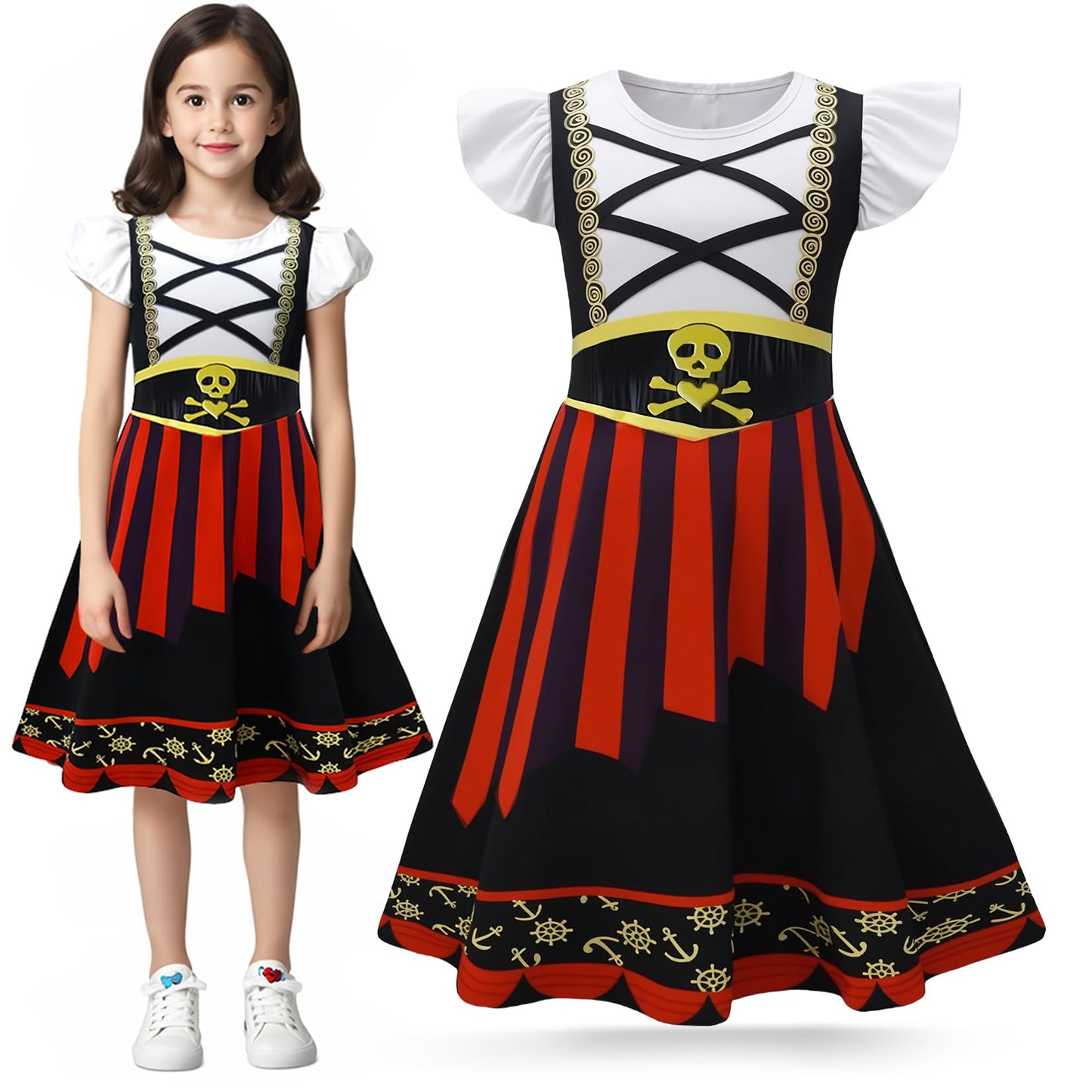 Mizzuco Girls Pirate Dress Toddler Buccaneer Costume Kids Dance Skirt Birthday Party Halloween Role Play Outfits (Black,110Cm/4-