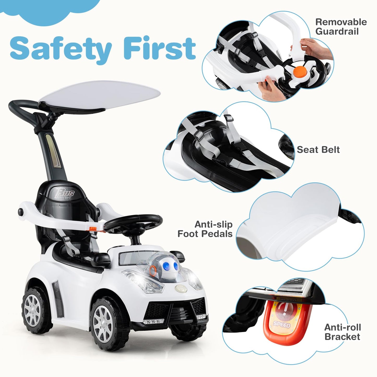 Costzon Push Car For Toddlers, 3 In 1 Stroller Sliding Walking Car With Handle, Canopy, Seat Belt, Horn, Music & Lights, Under-S
