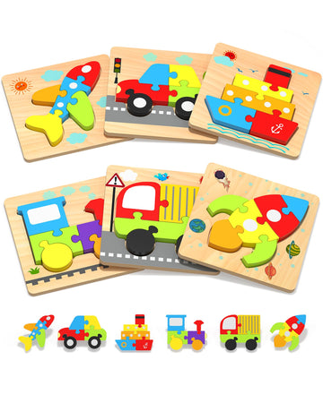 Yetonamr Wooden Toddler Puzzles Gifts Toys For 1 2 3 Years Old Boys Girls, 6 Vehicle Shape Montessori Toys Educational Blocks Kids Toys Gift Baby Learning Toy Age 1-3, 2-4
