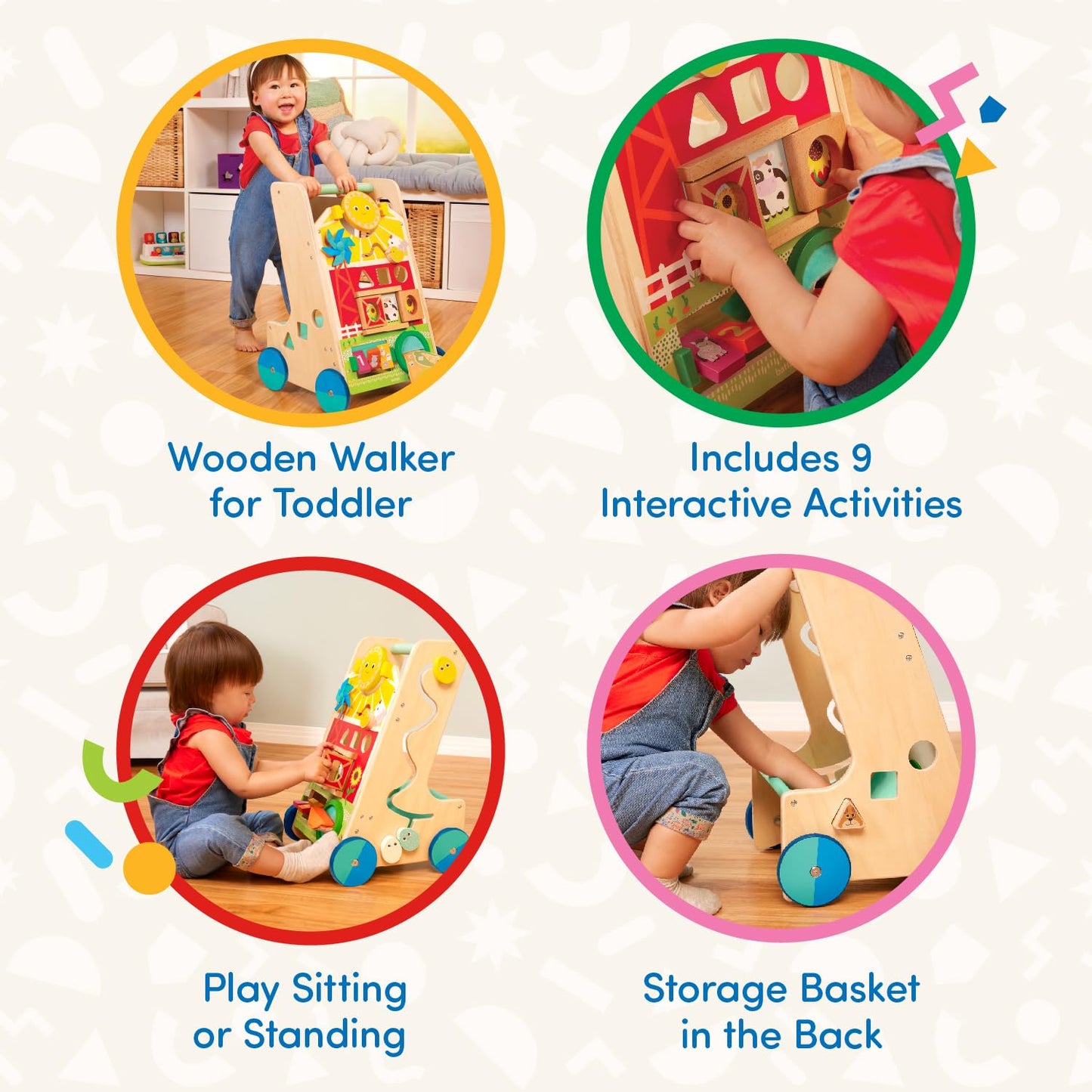 Battat Wooden Activity Walker - 9 Educational Activities - Learning & Walking Toy For Toddlers - Stand, Push, Walk - 1 Year + - Farm Theme