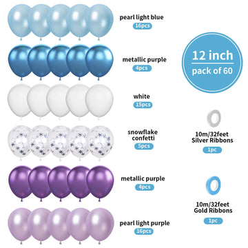 Biapian Frozen Balloons, 60 Pcs Blue Purple Balloons, 12 Inch Metallic Blue Purple Latex Balloons Silver Snowflake Confetti Ball