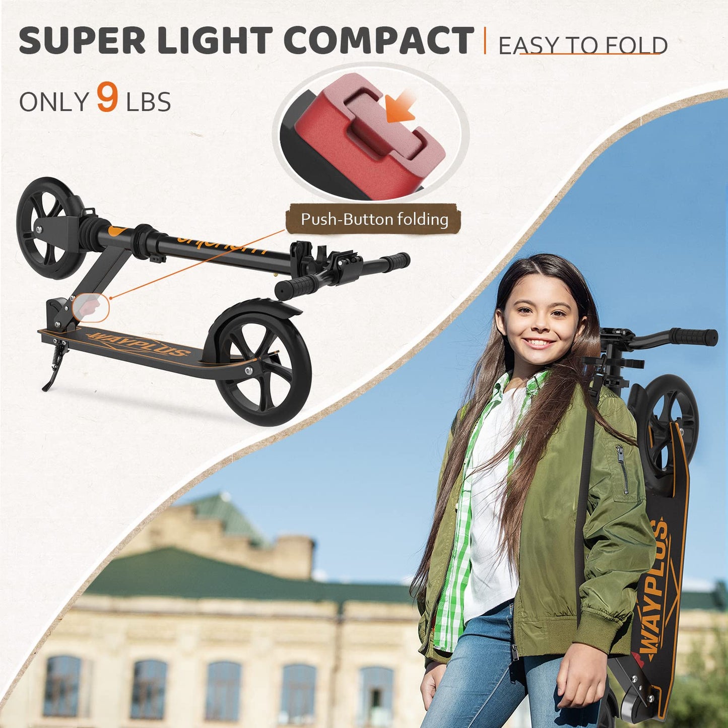 Wayplus Kick Scooter For Ages 6+,Kid, Teens & Adults. Max Load 240 Lbs. Foldable, Lightweight, 8In Big Wheels For Kids, Teen And Adults, 4 Adjustable Levels. Bearing Abec9