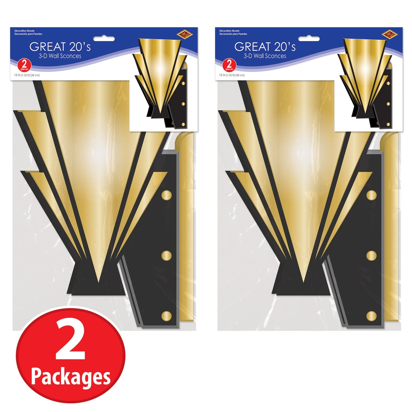 Beistle 20s Wall Scones 4 Piece Awards Night Decorations, 15, Black/Gold