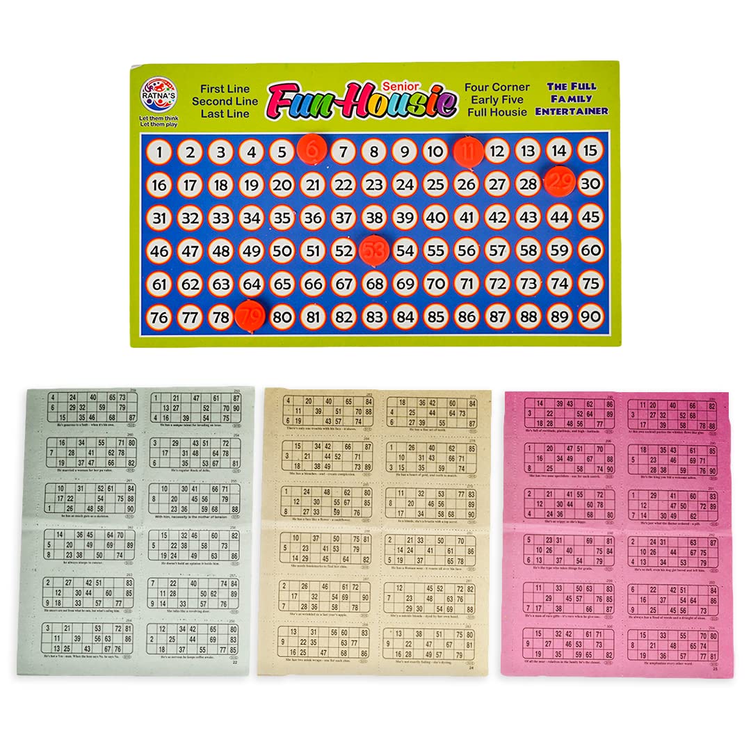 Ratna s Plastic Family Game Fun Housie Small with 120 Tickets Board Game, Multicolour, Fixing Checking Board, 90 Coins, and Tick