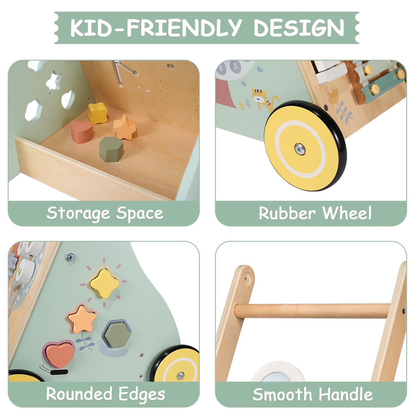 Gigglegems Wooden Baby Walker, Multiple Learning Activities Center Develops Motor Skills For Infant To Toddler, Push And Pull Wa