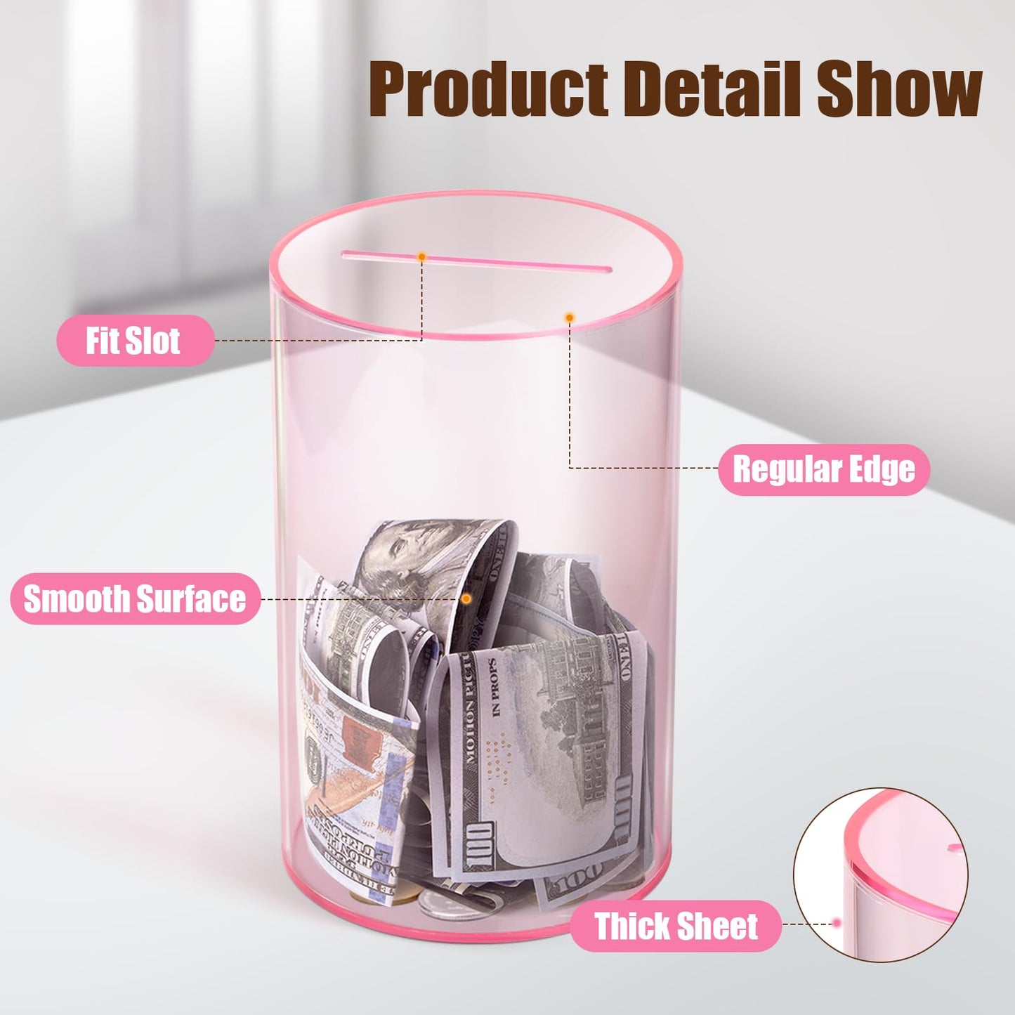 Hicocool Clear Piggy Bank For Adults Kids Must Break To Open, Pink Acrylic Piggy Bank Unopenable Money Savings Jar (8' H X 5' D)