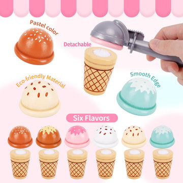 Wooden Ice Cream Toys for Toddlers 3-5, Kids Wooden Toys Play Kitchen Accessories, Play Food Sets for Kids Kitchen, Pretend Play