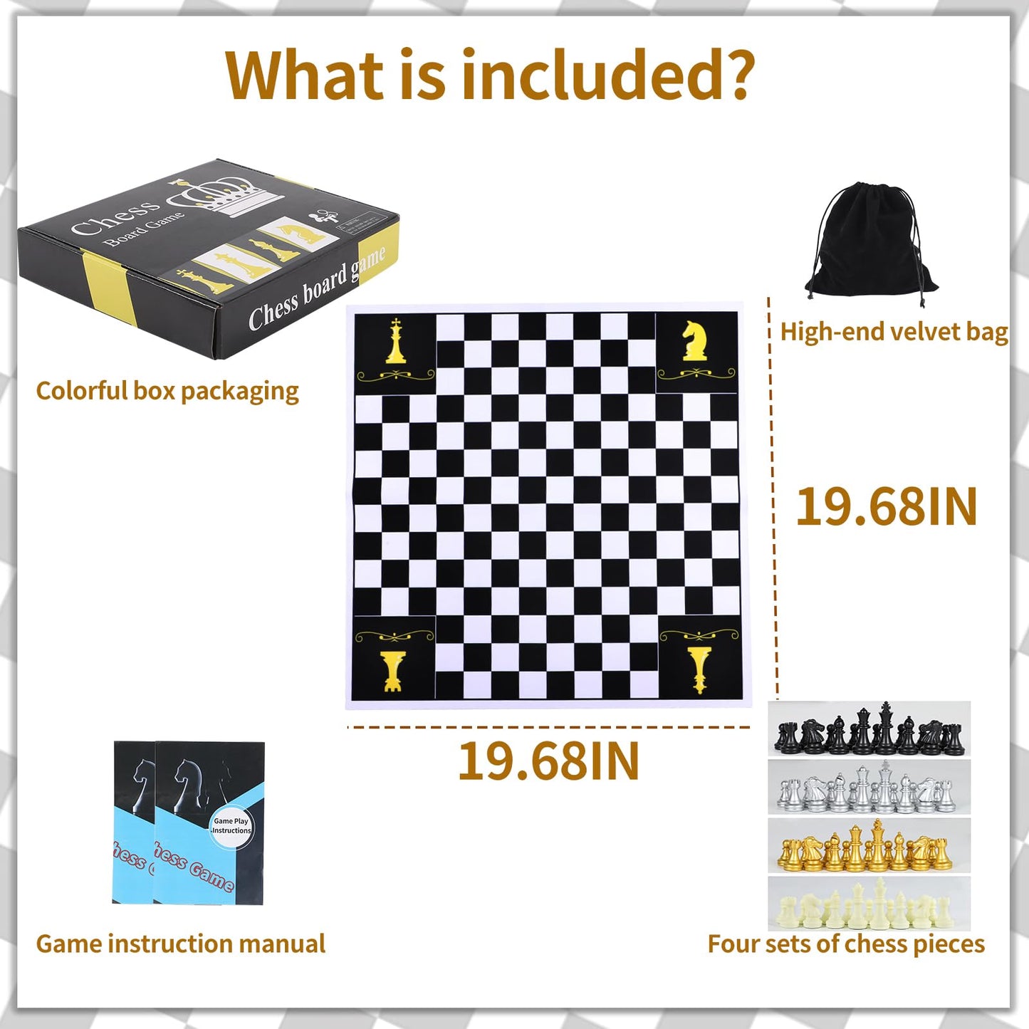 Jyquorp 4-Player Chess Board Game Set - Unique Mouse Pad Material with 4 Sets of Chess Pieces for 2-4 Players