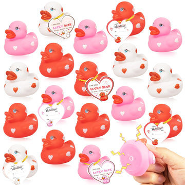 Kockuu 20Pcs Rubber Ducks With Cards Gift Valentines Day Party Favors Small 2.36    Assorted Pink Red White Squeaky Duckies In B