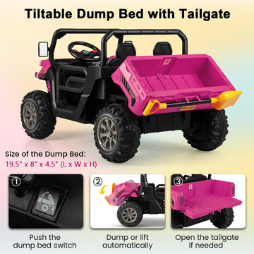 Costzon Ride On Dump Truck With Remote Control, 12V Electric Kids Utv W/Electric Dump Bed, Rocking Function, Shovel, 4 Spring Suspensions, Wireless Design, 2-Seater Ride On Car Gift For Kids (Pink)