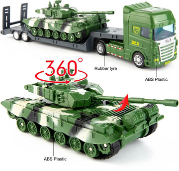 TGRCM-CZ Flatbed Truck Toy with Tank,Army Toys, Semi Flatbed Trailer-Push and Go Toy Trucks, Construction Trucks for Toddlers,Pl
