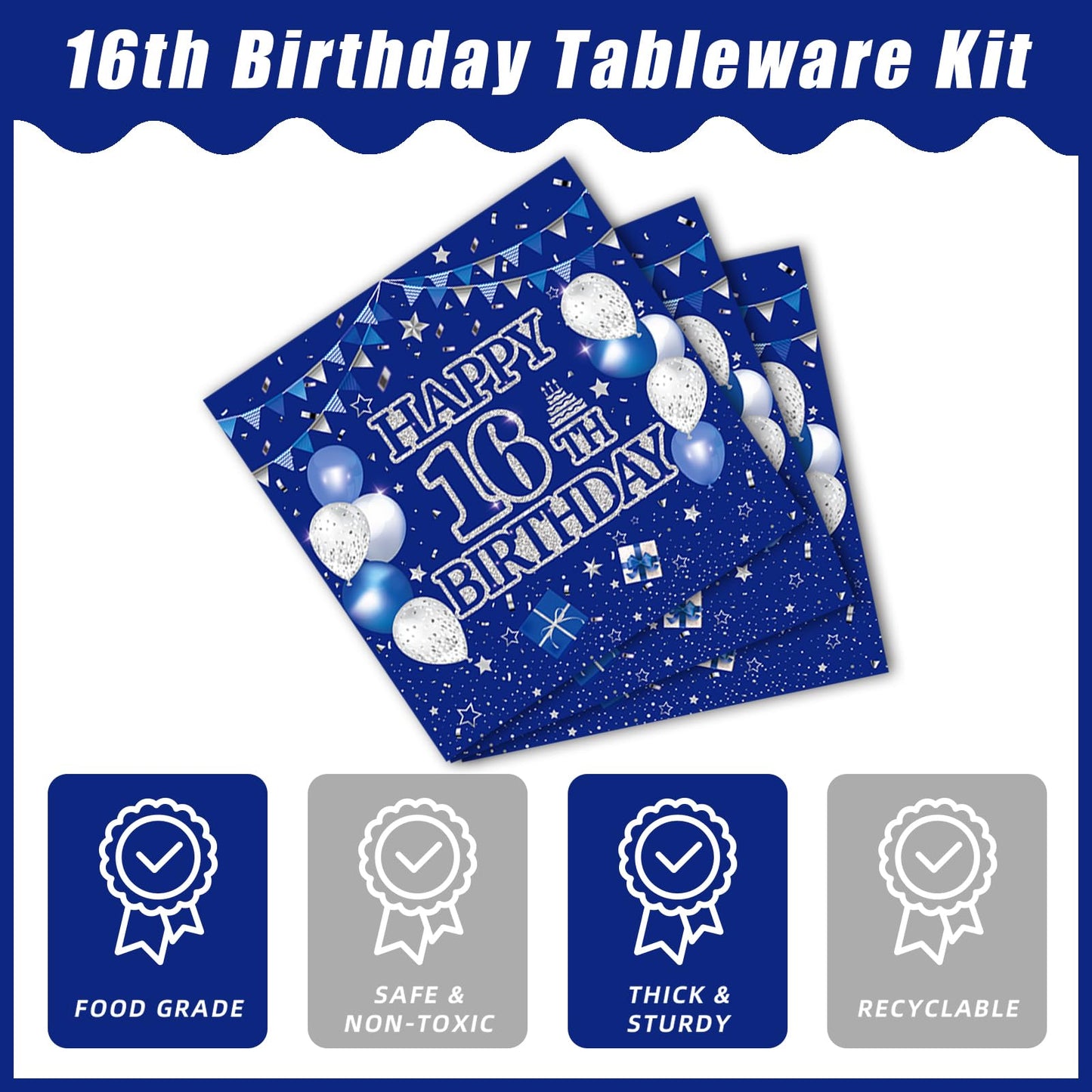 Kepeel 96Pcs 16Th Birthday Party Tableware Set, Blue And Silver Happy 16Th Birthday Party Decorations Supplies For Boys Girls 16