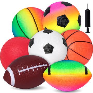 Shindel 7Pcs Playground Balls With Pump, 5 Inches Small Rubber Balls For Kids Toddlers, Including 2 Footballs, 2 Basketballs, 1