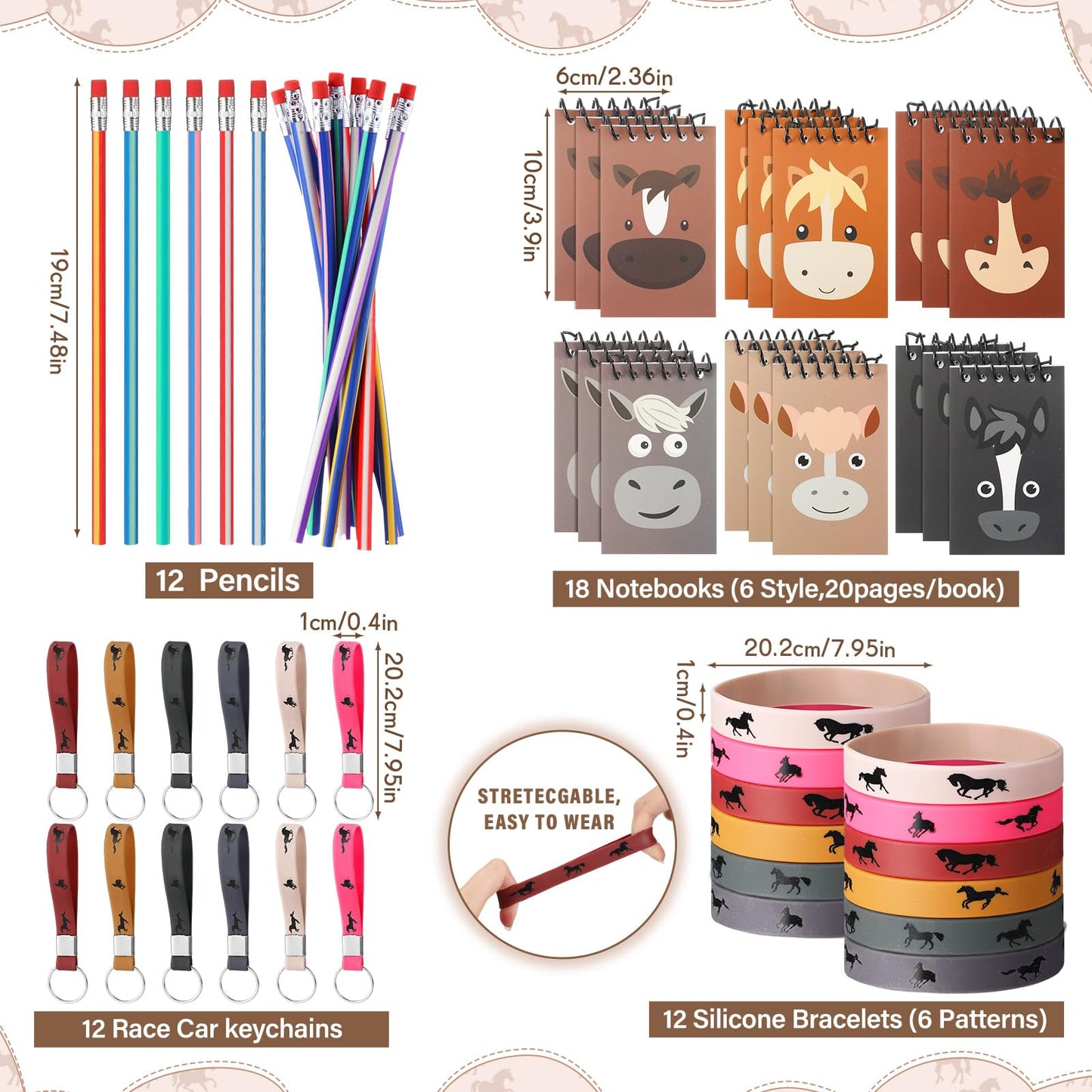 Liliful 152 Pcs Horse Themed Party Favor Supplies with Drawstring Bag Keychain Rubber Wristbands Badges Puzzle Stickers Horse St