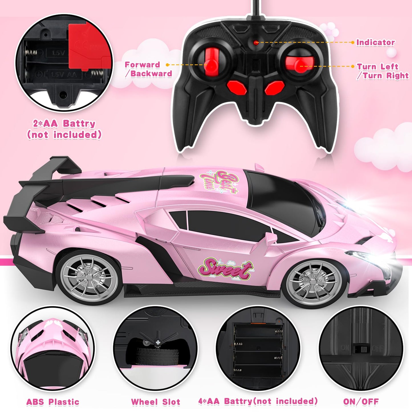 Growsland Remote Control Car for Girls, 1:18 Pink RC Cars Toys for Kids Girl Electric Vehicle Toy Car Hobby Racing Car with Ligh