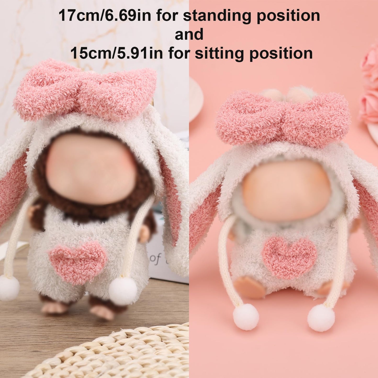 Doll Clothes Set  Puffy Bunny Outfit for 6.69in Standing & 5.91in Sitting with Pink Heart-Shaped Overalls and Long-Eared Hood for Clothing Set Replacement