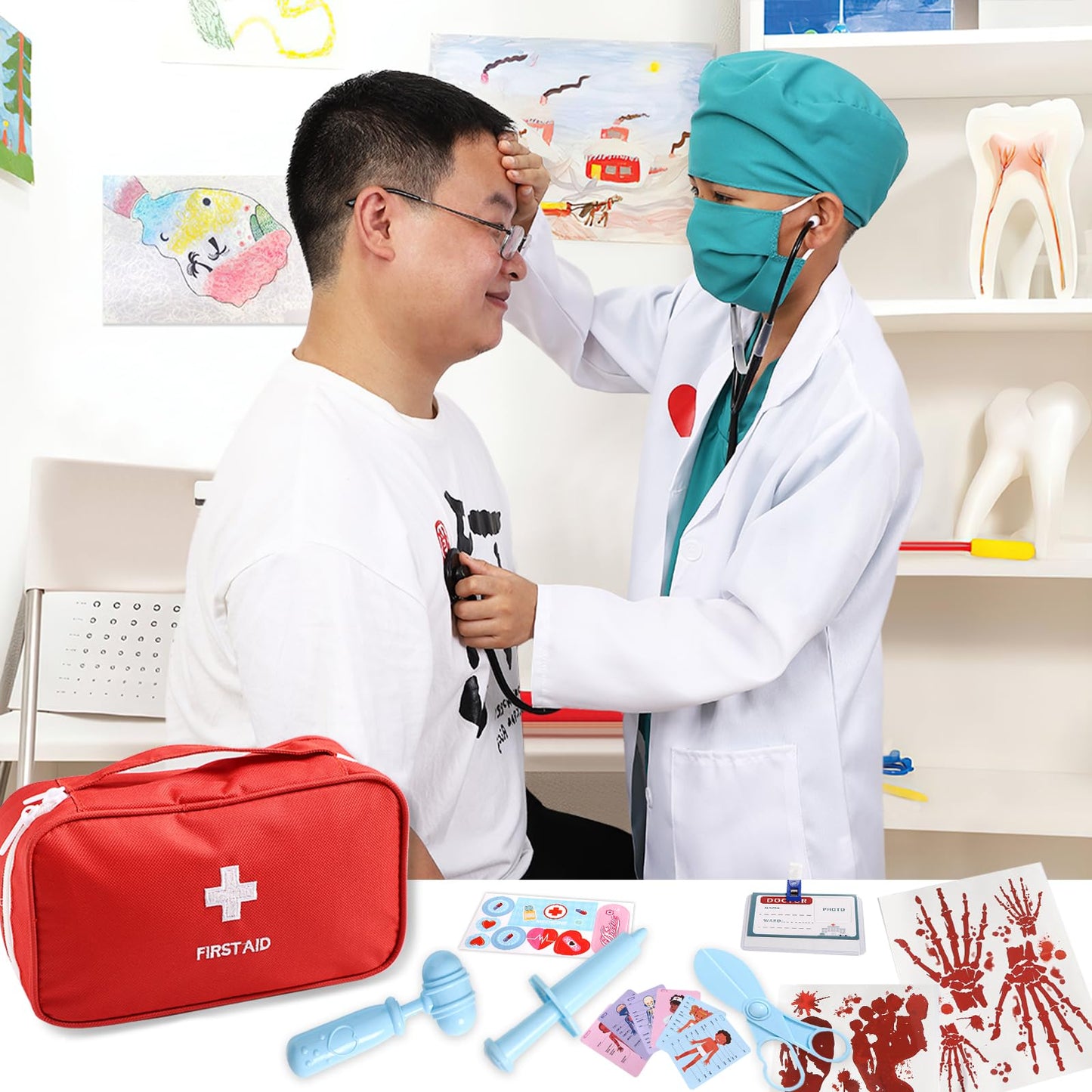 Parttely Doctor Costume For Kids, Halloween Costumes Career Day Costume For Kids Aged 3-8, Kids Scrubs With Lab Coat