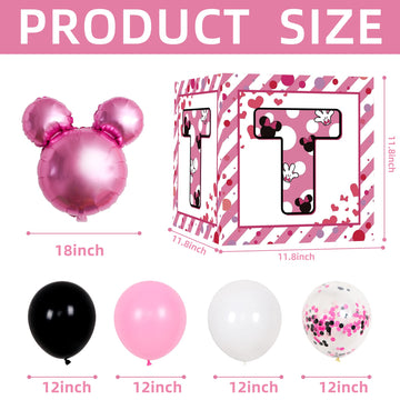2Nd Birthday Party Favors Balloon Boxes Supplies For Baby, Girls 3Pcs Pink Mouse Theme Two Year Old Balloon Boxes, 'Two' Letters