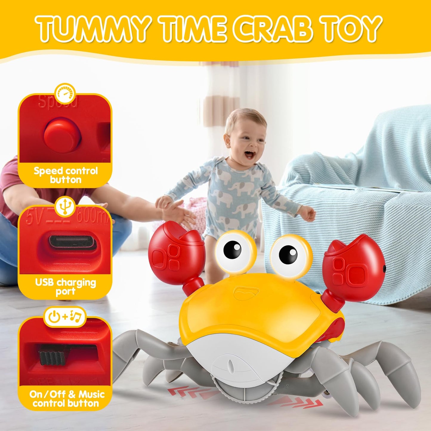 Crawling Crab Baby Toys, Tummy Time Toys For 3 4 5 6 7 8 9 10 11 12 Boy Girl With Music&Speed Control, Dancing Walking Crawly Cr