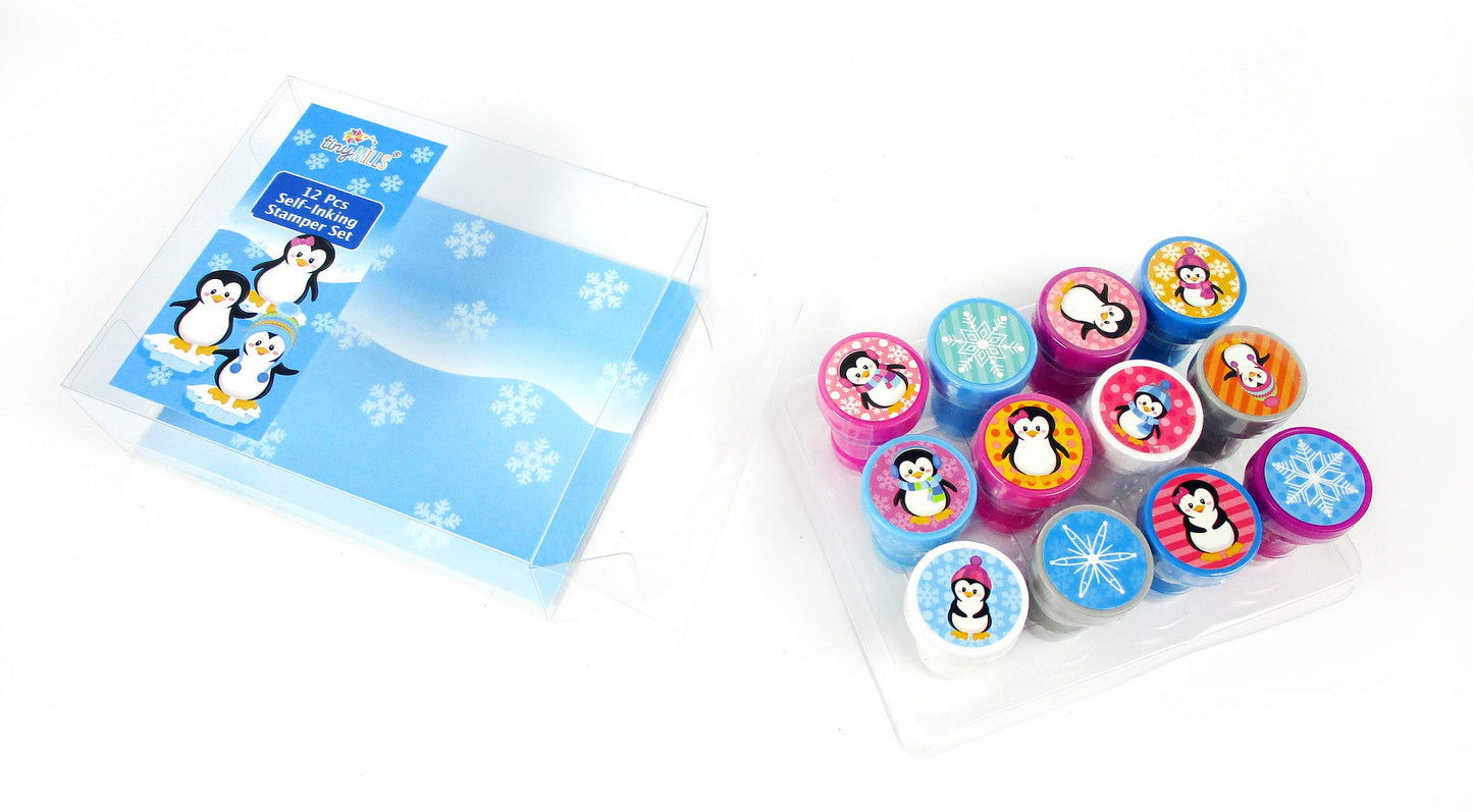 TINYMILLS 12 Pcs Penguin Stamp Kit for Kids Self Inking Stamps Gift Winter Party Favor Bag Stuffer Teacher Stamps