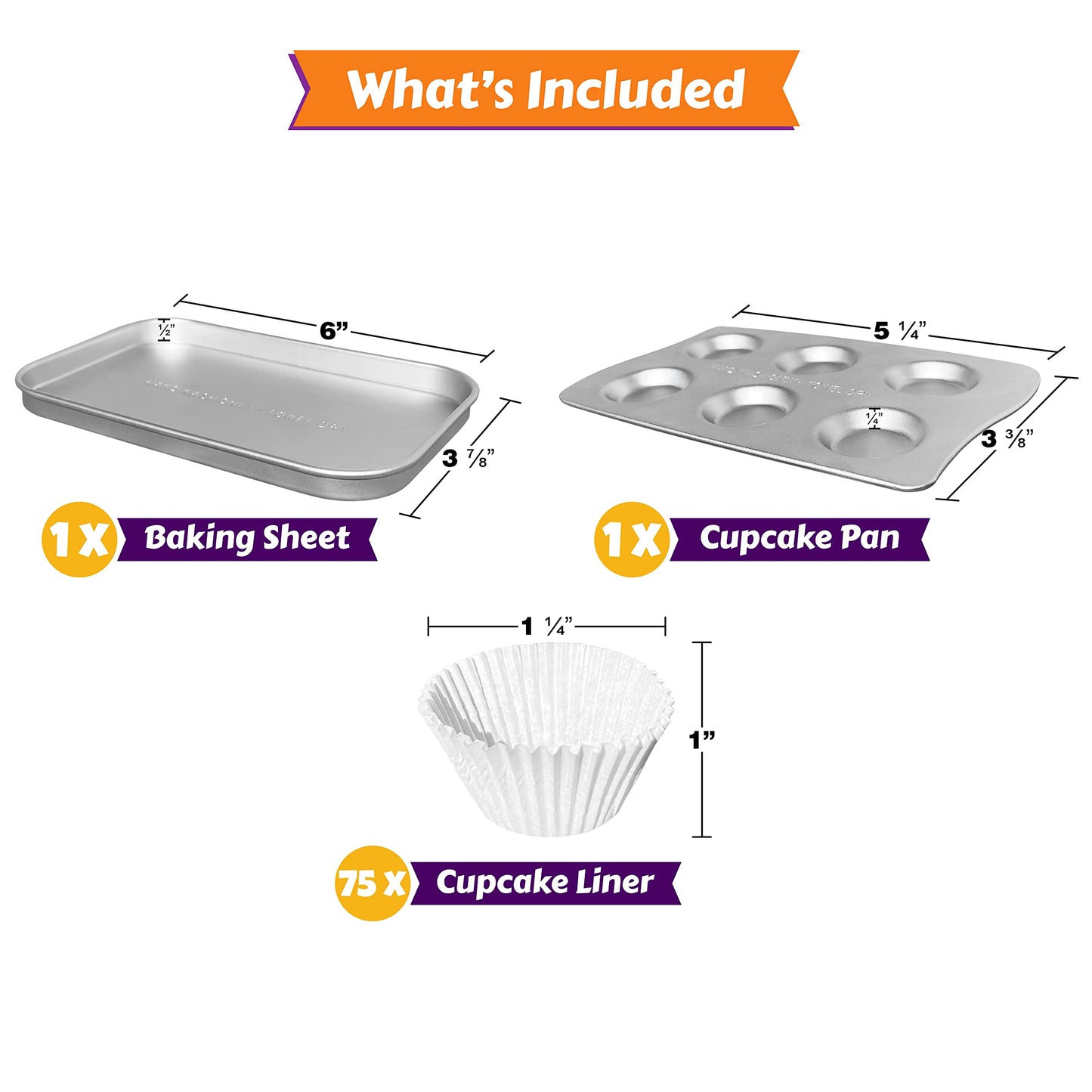 Doll Buddies Kids' Oven Pan Set for Easy Bake Ultimate Oven - Includes Cupcake Pan, Rectangular Bake Pan & 75 Cupcake Liners, Tin Material