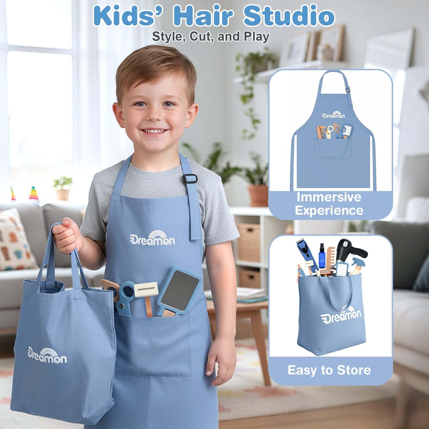 Dreamon Kids Barber Shop Pretend Play Set - Wooden Hair Salon Toys, Child-Size with Beard, Shaver, Dryer & Tool Bag, Model MZ005