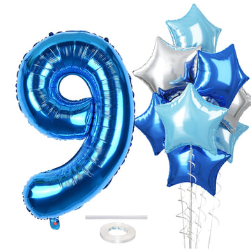 40 Inch Number 9 Balloons For Boys, Dark Metallic Blue Large 9Th Birthday Balloon Decor, Light Royal Blue Self Inflating Silver