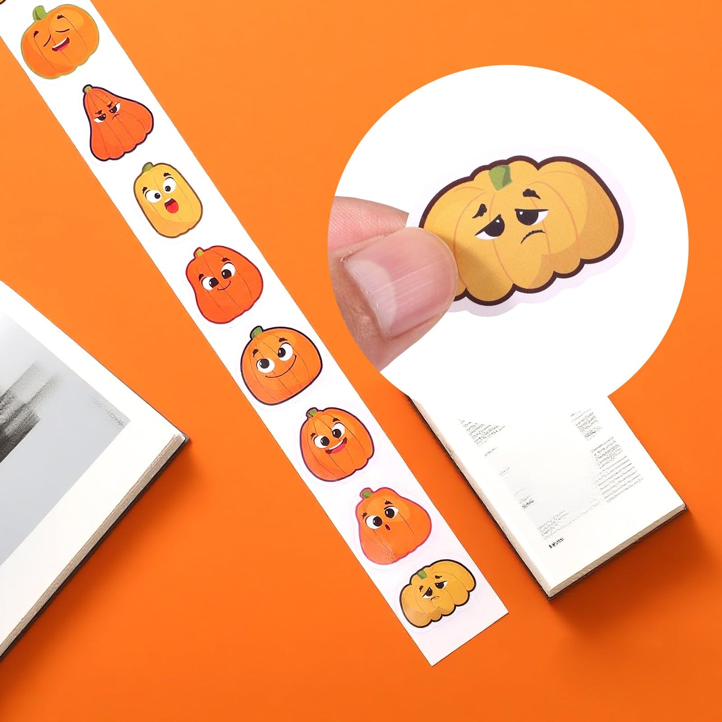 500pcs Halloween Pumpkin Stickers, 8 Styles Self-Adhesive Fall Pumpkin Stickers Decals Roll with Funny Expressions Envelopes Scr
