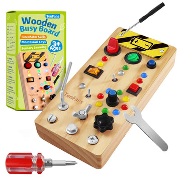 Tenfans Wooden Montessori Busy Board With Led Light Switch And Screwdriver Tools - Sensory Toy For Toddlers 3+ Year Old Boys - T
