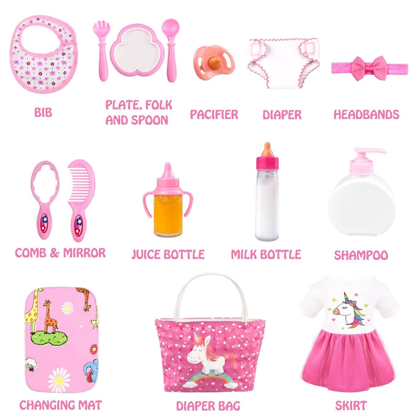 Bnuzeiyi Baby Doll Accessories -Baby Doll Feeding And Caring Set With Diaper Bag Bottles For Girls Toys Gift, Stuff Doll Clothes Fit 14-16 Inch Doll And 18 Inch Doll