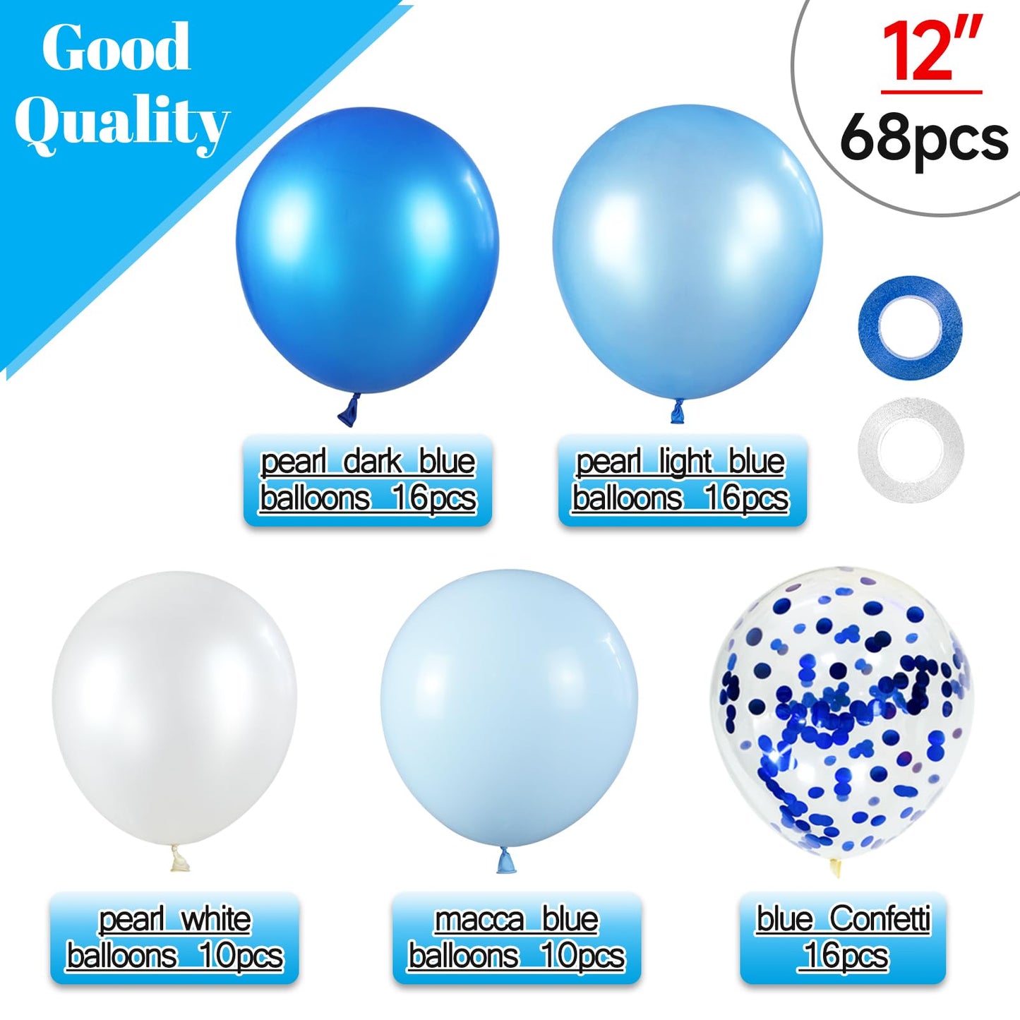 68Pcs Blue And White Balloons Kit 12 Inch, Blue Confetti Balloons Light Blue Baby Blue Pearl White Party Balloons With Ribbons F