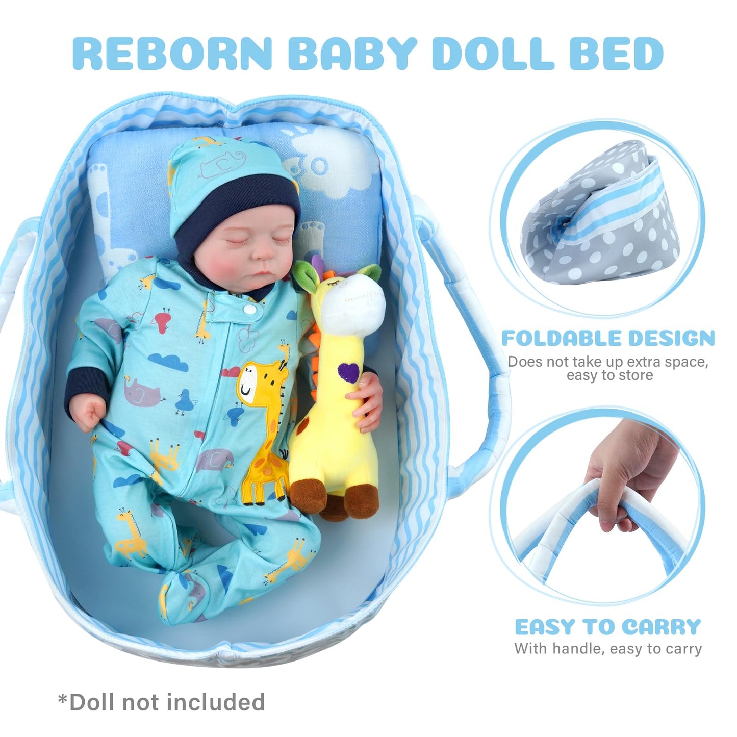Babeside Reborn Baby Dolls Bassinet Foldable Baby Doll Crib Bed Soft Doll Carrier Doll Accessories With Handle For 17-22 Inch Baby Dolls Girls Boys (Blue)