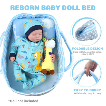 Babeside Reborn Baby Dolls Bassinet Foldable Baby Doll Crib Bed Soft Doll Carrier Doll Accessories With Handle For 17-22 Inch Baby Dolls Girls Boys (Blue)