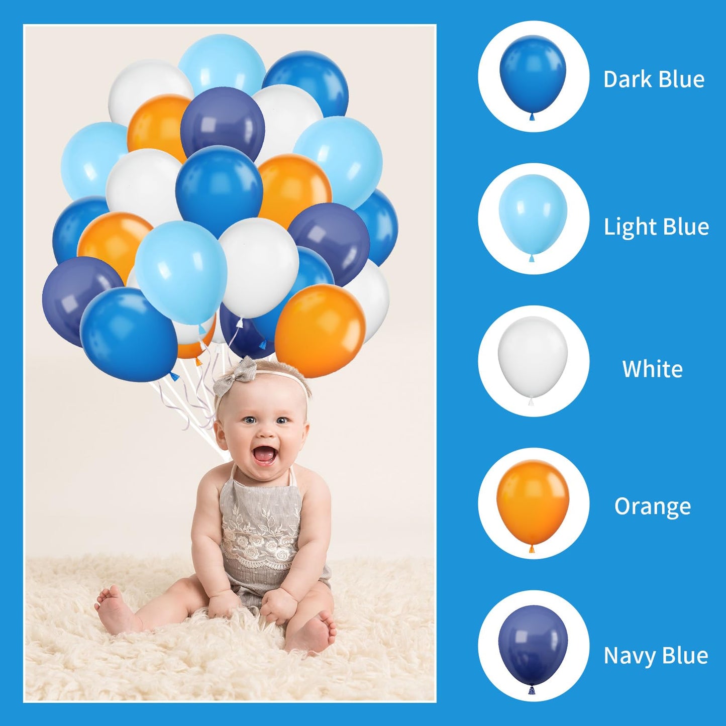 Gremag Blue And Orange Balloons, 12Inch Navy Blue Dark Light Blue White Orange Balloon Kit With Ribbons, 60Pcs Latex Balloons Fo
