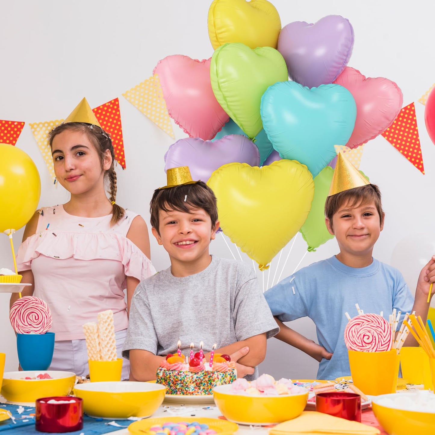 Pastel Colorful Heart Balloons,10Pcs Rainbow Foil Heart Shaped Balloons,18Inch Pink Blue Yellow Green Purple Helium Balloons For