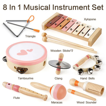 Musical Toys For 1 Year Old Girls Gifts - 8 In 1 Musical Instruments For Toddlers 1-3 - One First Christmas Birthday Gifts For Toddlers Ages 0-2 - Wooden Montessori Toy For Babies 6-12-18 Months