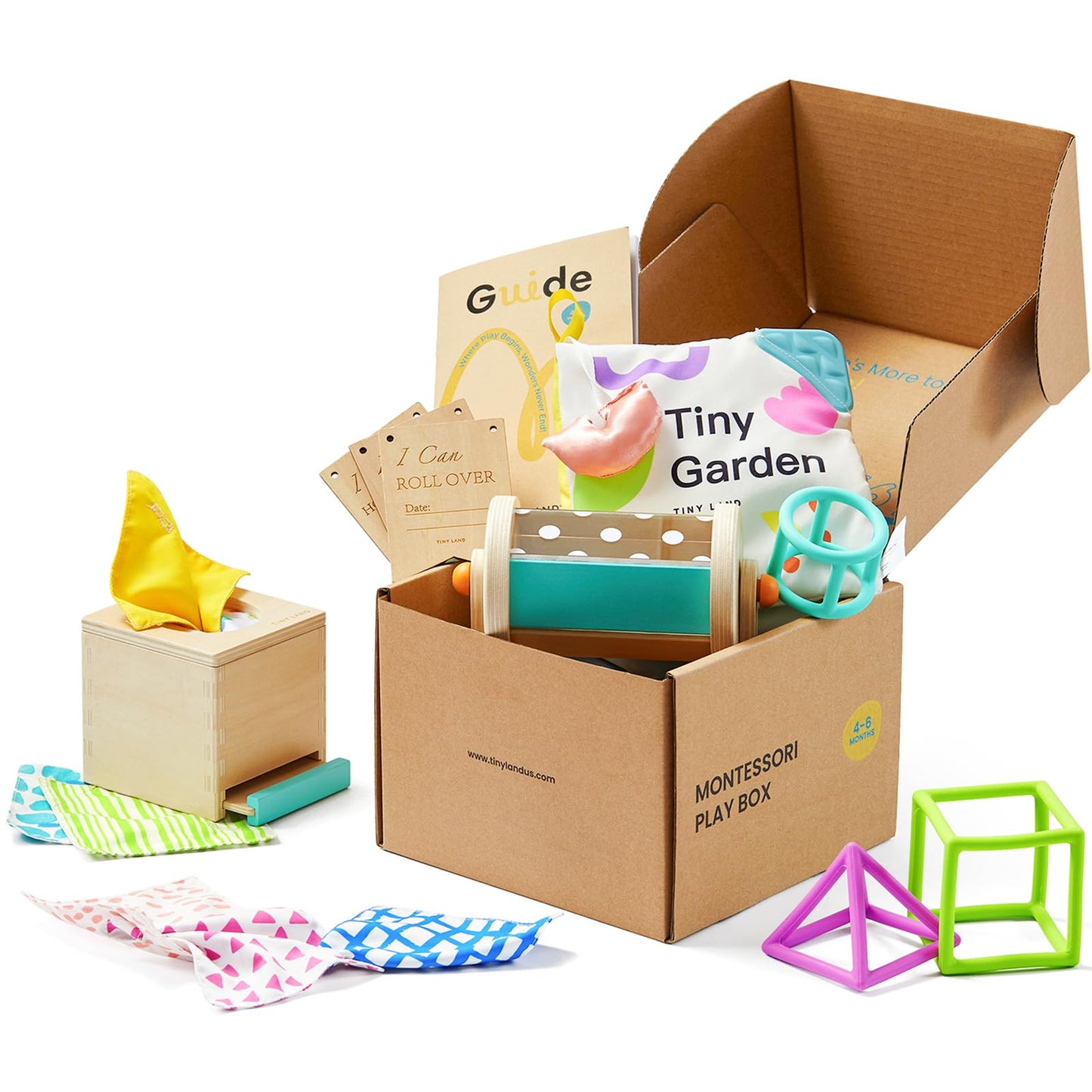 Tiny Land Montessori Baby Toy Set 4-6 Months - Early Learning Motor Skills Development Kit With 4-In-1 Soft Cloth Book, Spinning