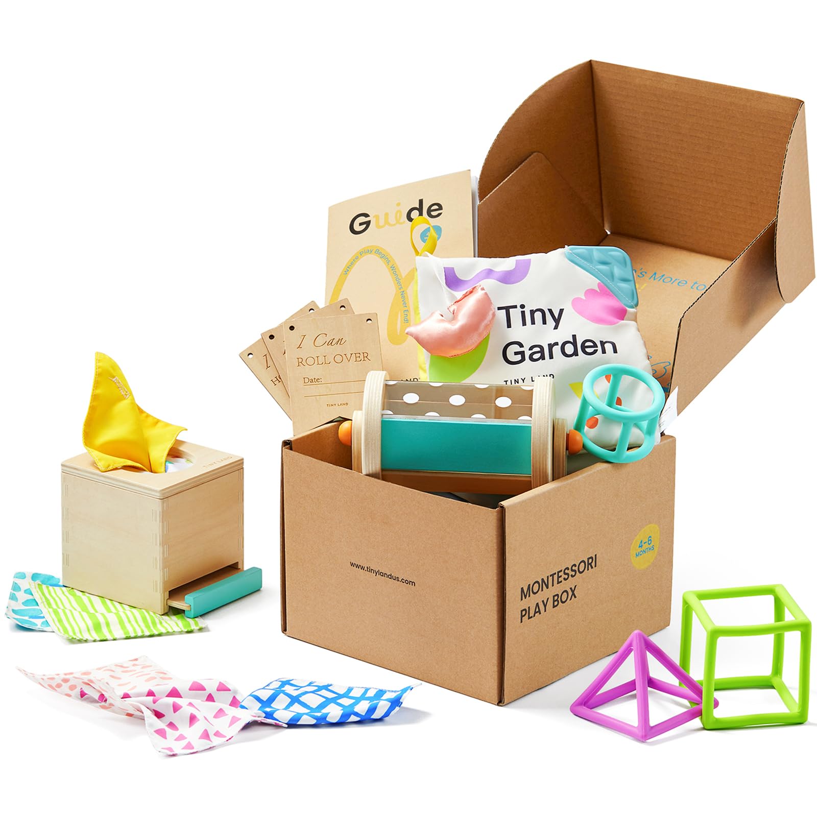 Tiny Land Montessori Baby Toy Set 4-6 Months - Early Learning Motor Skills Development Kit With 4-In-1 Soft Cloth Book, Spinning